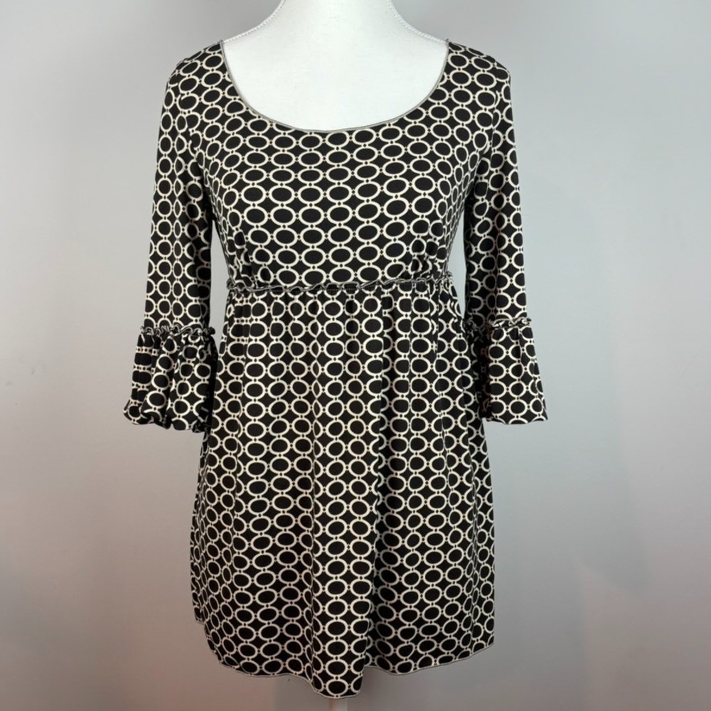 Studio M Brown Dot Y2K Babydoll Bell Sleeve Stretch Tunic Blouse SZ Small Retro